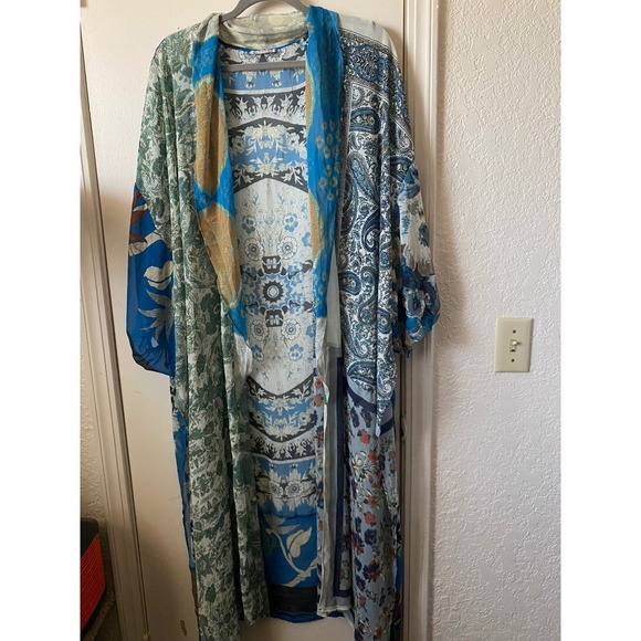 Free People I Kimono Duster Open Front One Size Sheer Silk Blue Boho Intimates - Picture 8 of 12
